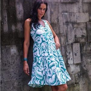 Novica sz L woman’s Cotton Batik Sundress with Diagonal flirty Ruffles, Green